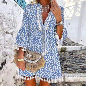 Chic Blue Printed V-Neck Loose Tassel Dress - NWOT